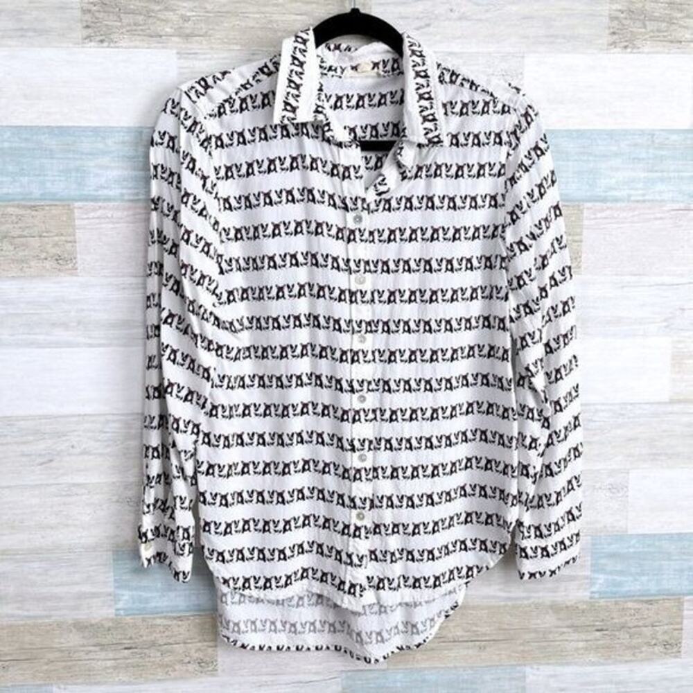 JANE and DELANCEY French Bulldog Shirt White Button Down Womens Small